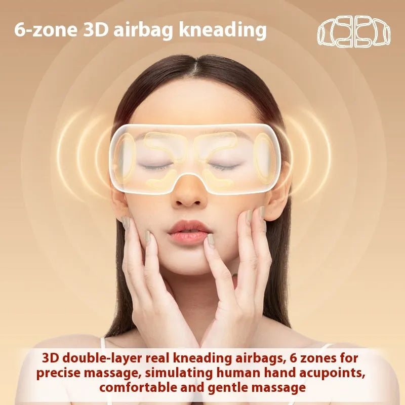 White rechargeable eye massager with airbag compression and heat therapy shown front view.