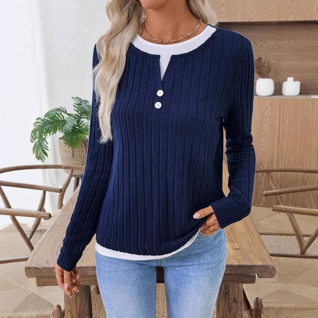 Women's black fake two-piece round neck button pullover sweater with grinding design