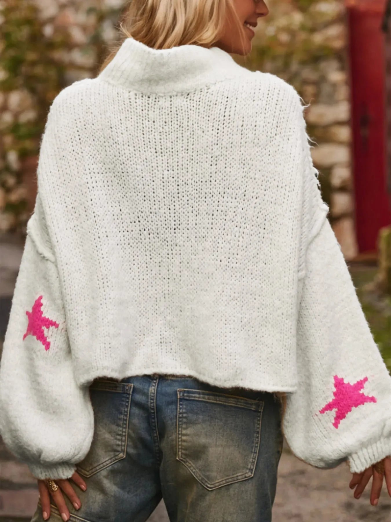 White women's turtleneck pullover sweater with star pattern in thick polyester imitation velvet fabric