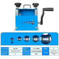 SD-017 manual wire stripping machine on a workbench, compact tool for stripping cables from 0.5mm to 17mm diameter.