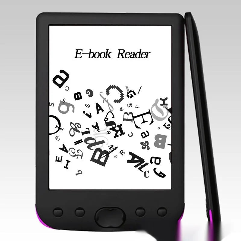 Black 6-inch E-ink e-book reader with monochrome display and configurable storage options