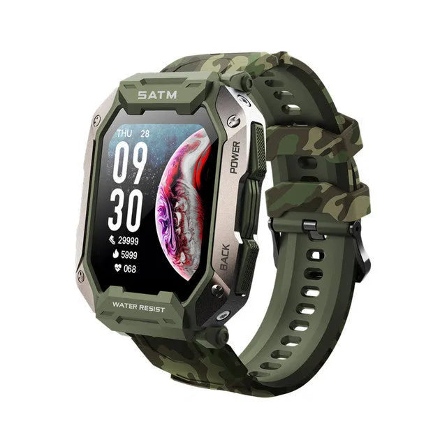 Men's silicone wristband smartwatch showing black camouflage design on wrist