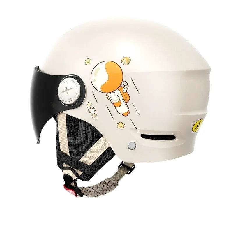 Khaki electric motorcycle half helmet with ABS shell and removable visor for summer commuting