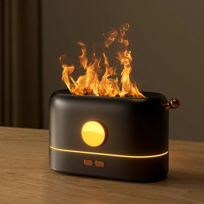 USB desktop humidifier with decorative flame effect showing black plastic construction