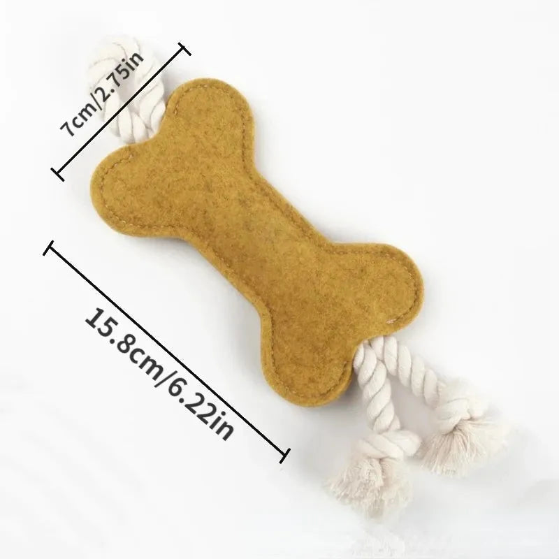 Bone-shaped dog toy with rope knot and felt, 16cm, in four colours