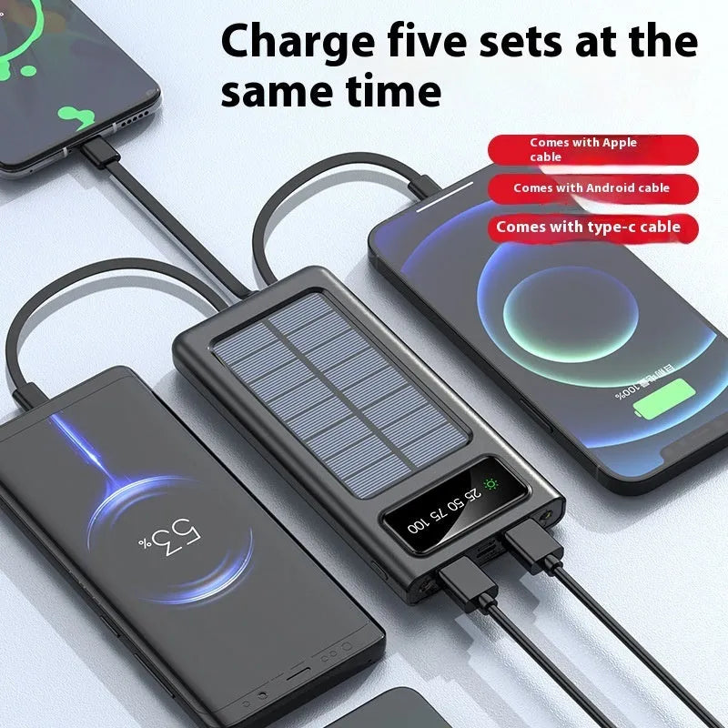 Black solar power bank 20000 MA with cable for mobile phones, plastic shell creative design