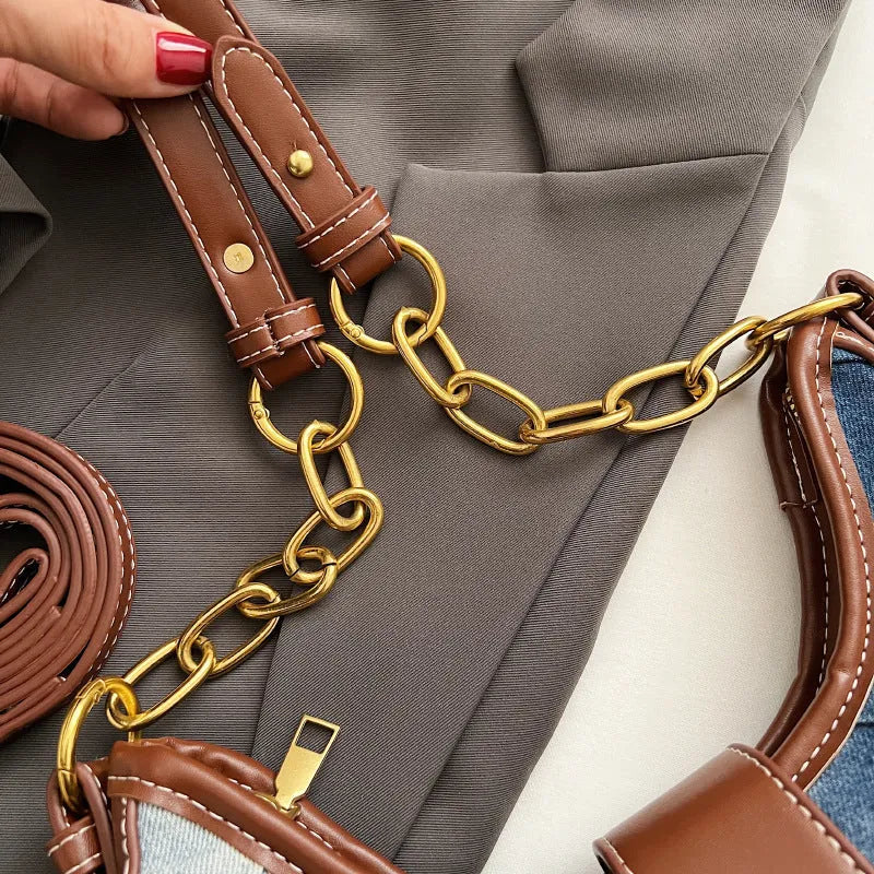 Brown denim women's shoulder bag with diamond mesh detail and chain strap