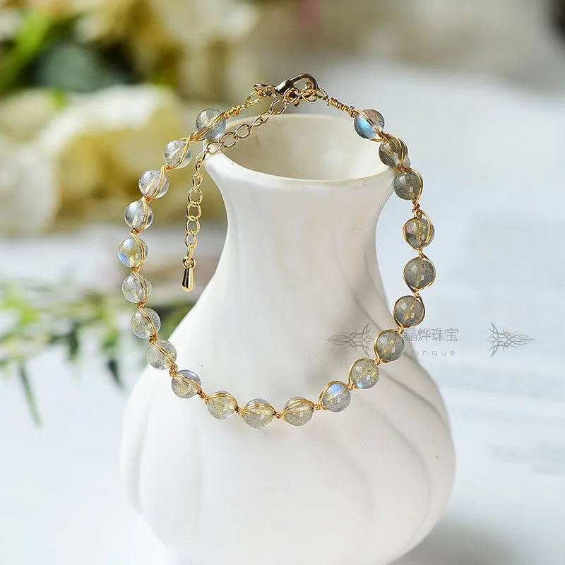 14K gilded natural crystal blue moonstone bracelet with 6mm beads, starry sky colour design