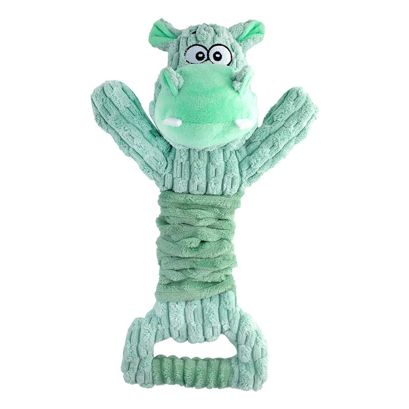Large plush Hippo or Monkey dog toy with a handle, for squeaky and tug-of-war play.