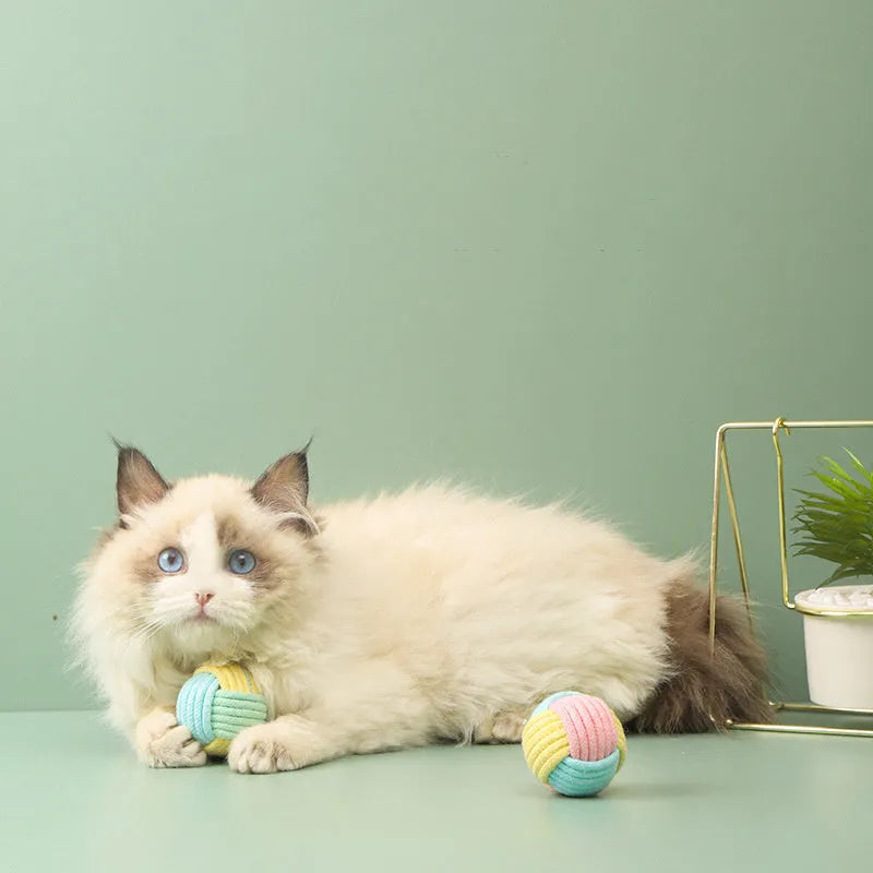 Handmade blue powder and green cotton plush ball cat toy for play and teeth grinding.