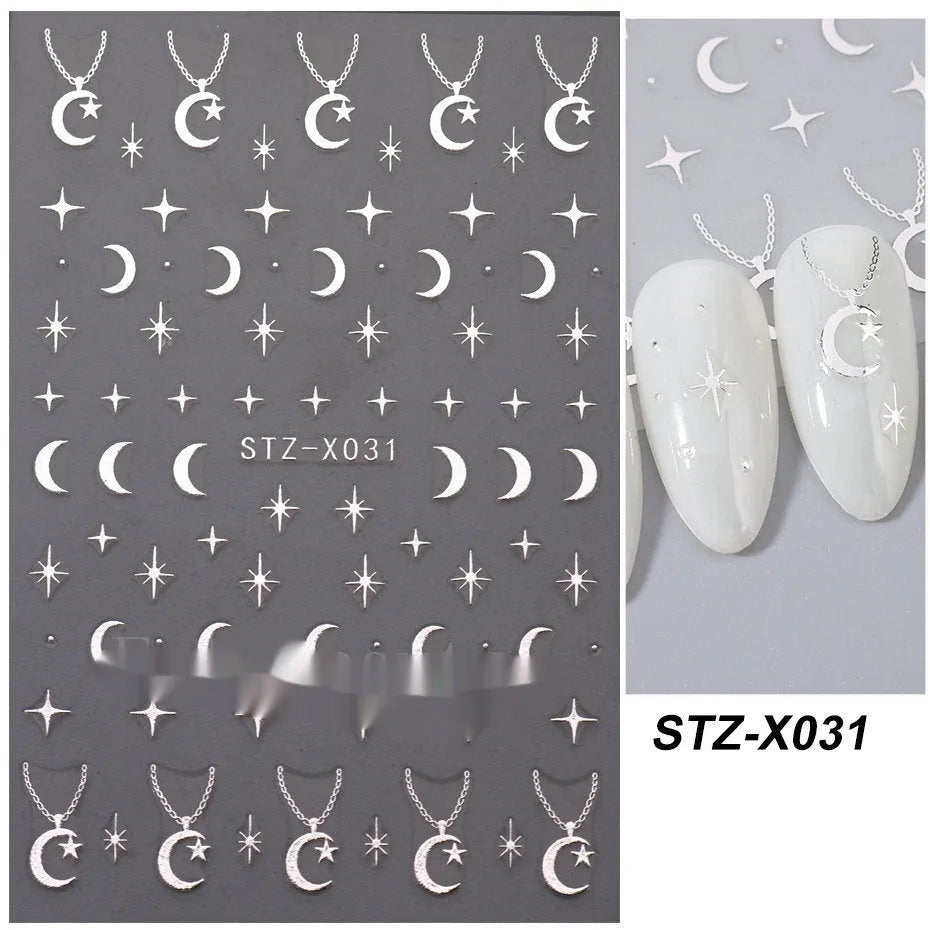 Sheet of black and silver strip cartoon nail stickers featuring a love motif design