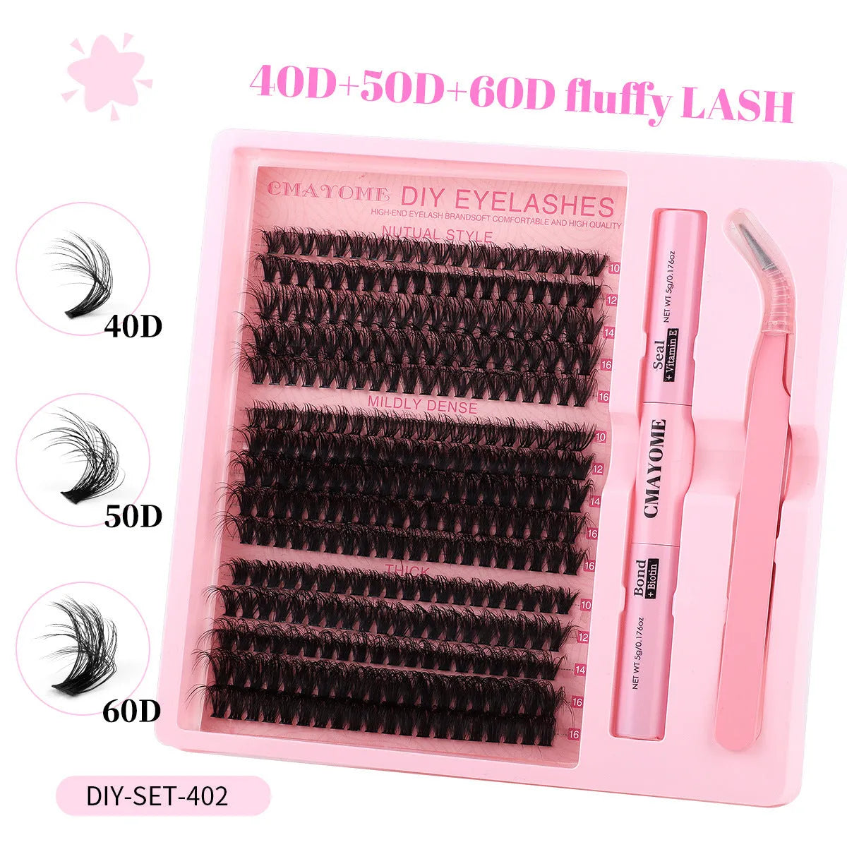 DIY false eyelash extension set showing individual clusters and application tweezers for custom lash looks