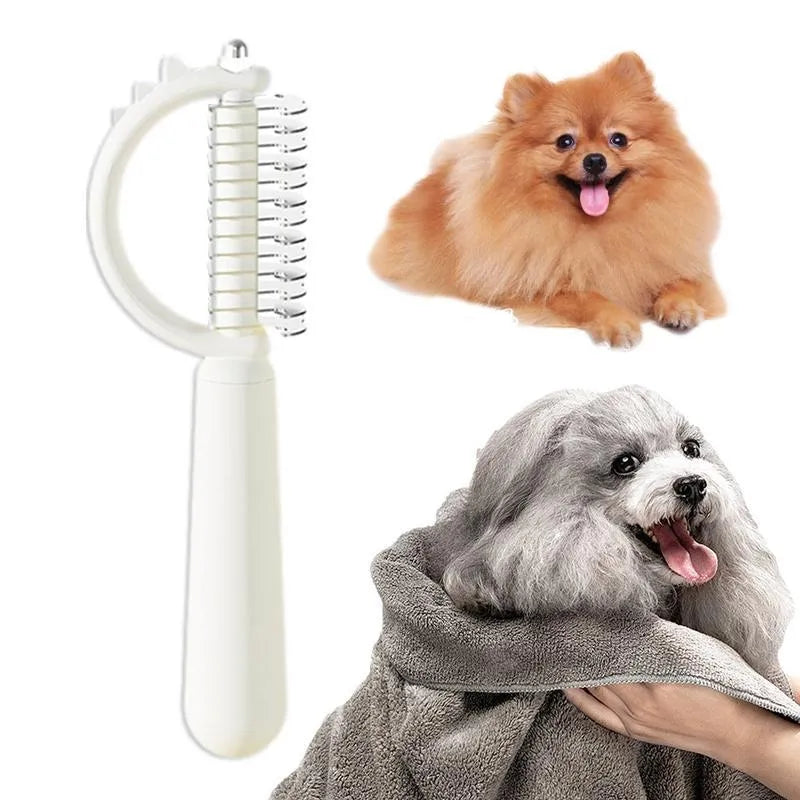 Self-cleaning slicker cat brush with dinosaur shape, double-sided for shedding and dematting, blue green white options