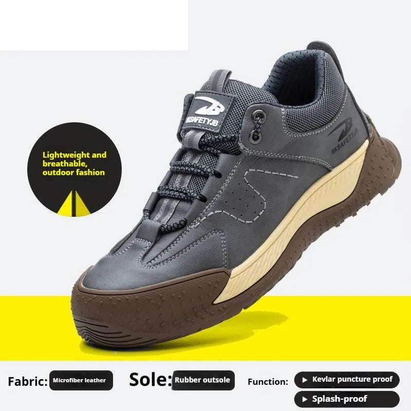 Flyknit leather safety work shoe with rubber sole shown in black colour