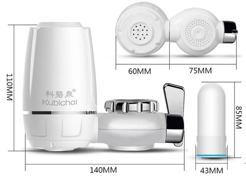 White kitchen tap water filter with ceramic cartridge and universal adapter fittings