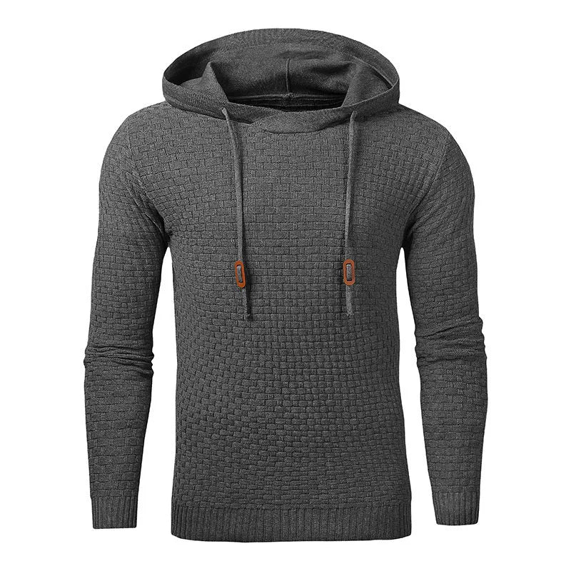 Men's black cotton polyester blend hooded sweater laid flat, showing the front design and hood.