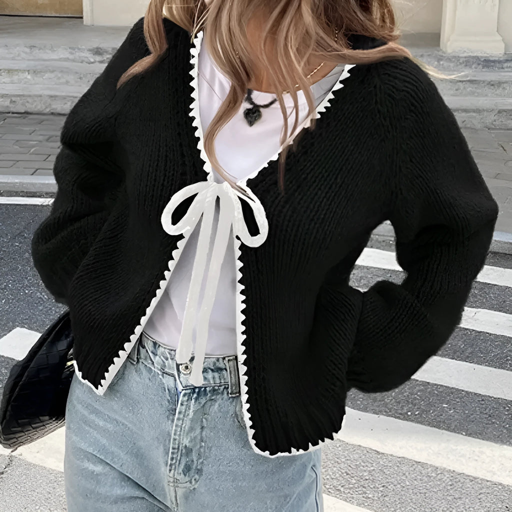 Lace-up cardigan in grey with crocheted flowers, loose fit, long sleeves, polyester fabric