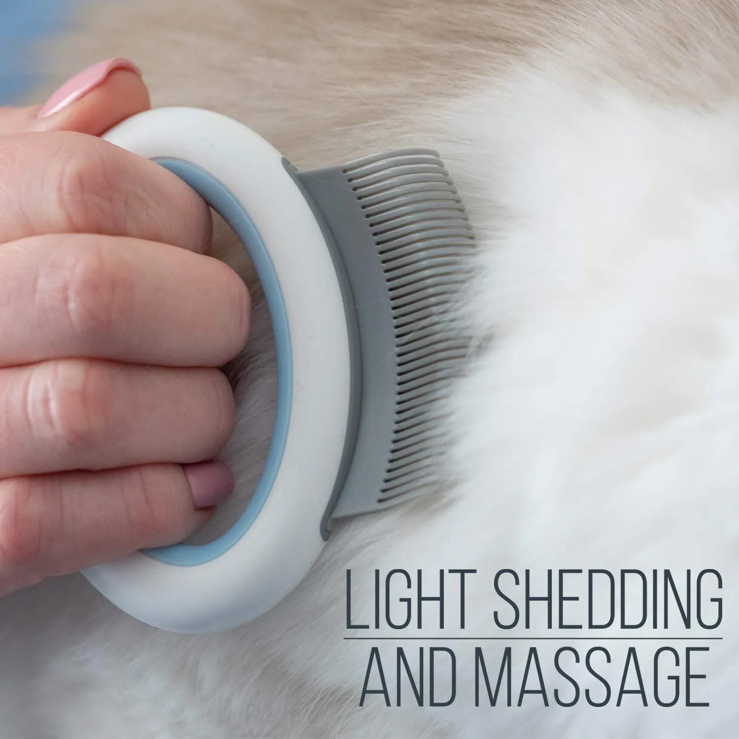 Blue pet grooming comb with ergonomic handle for cat and dog deshedding
