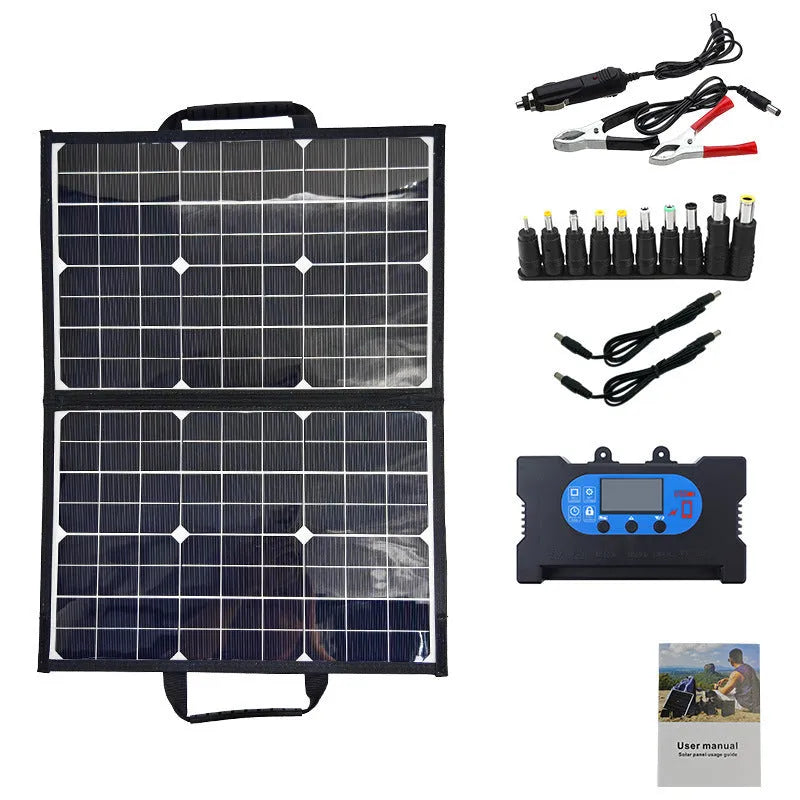 Black foldable 40W solar panel showing compact folded dimensions with protective storage bag