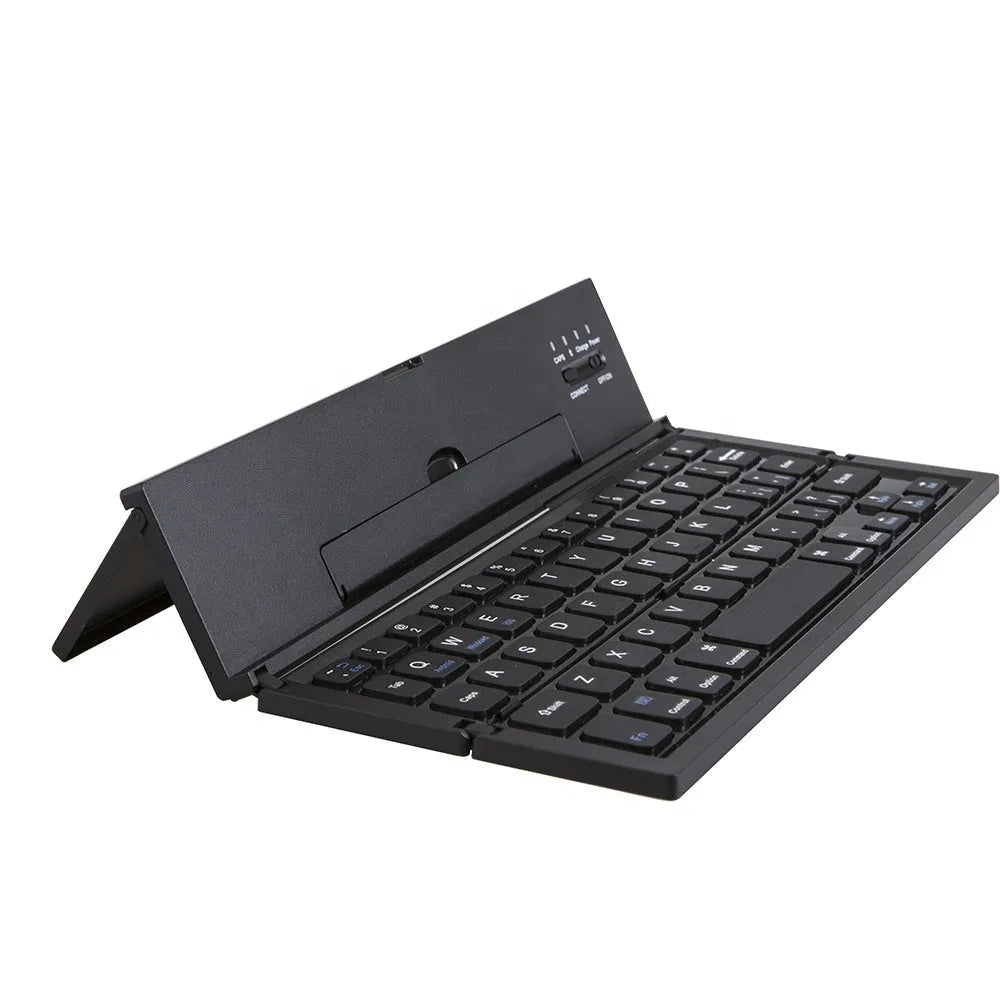 Mini folding ultra-thin wireless Bluetooth keyboard in black, open and ready for typing with a tablet