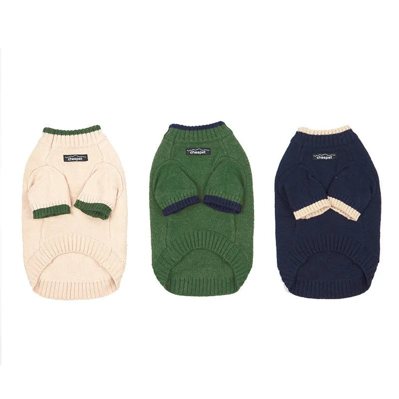 Wool two-leg dog sweater in British style for winter, shown in Crown Blue colour.
