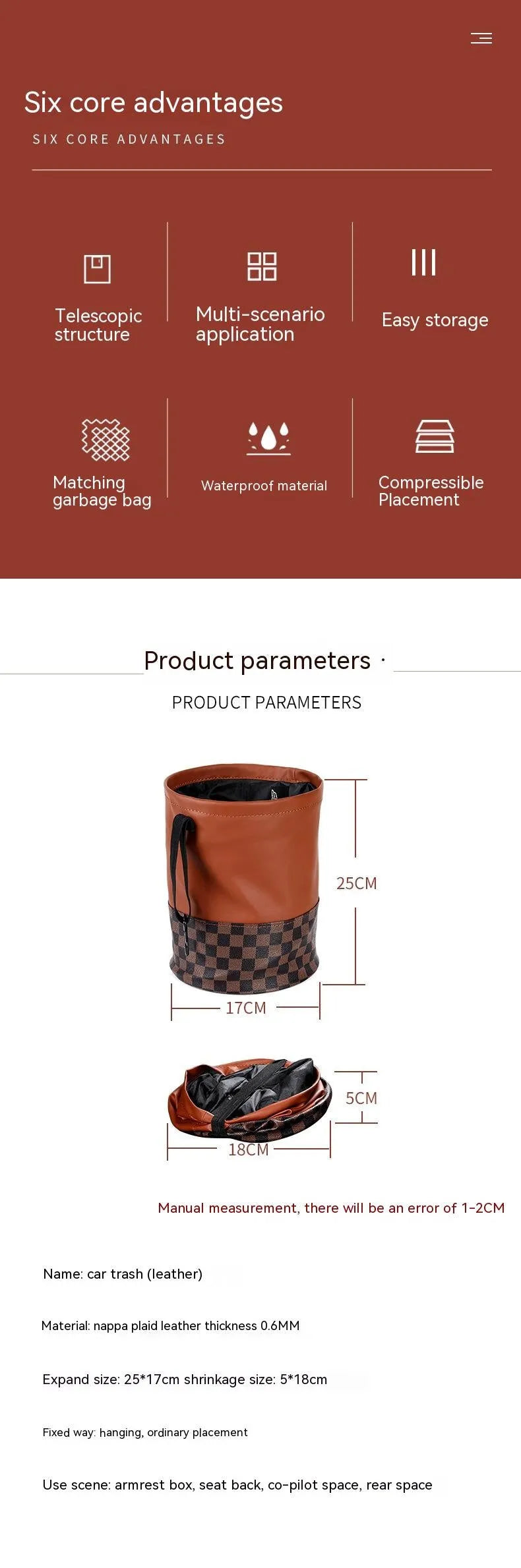 Brown leather retractable car rubbish bin with handle in expanded position