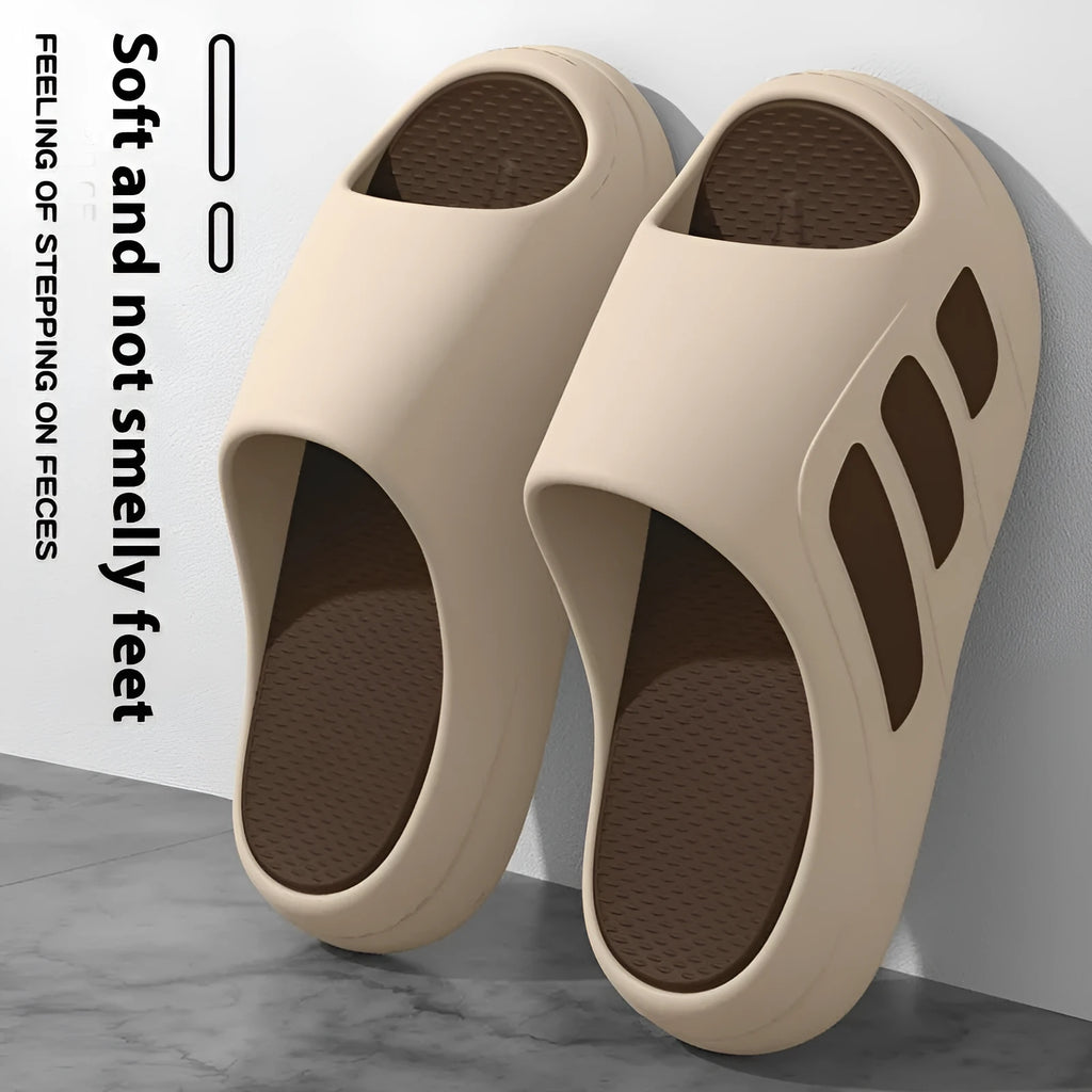 Men's EVA flip flops with letter print, brown colour, on a wooden floor