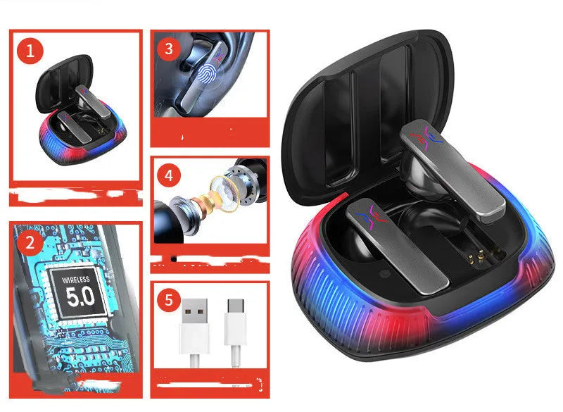 Hall Flashing low-latency wireless gaming headset in black, earplug style with Bluetooth 5.0