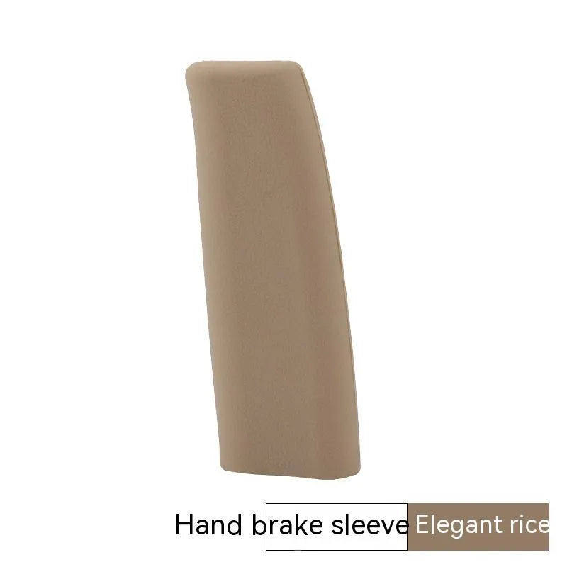 Universal silicone handbrake sleeve in red, blue, black, grey, and beige shown next to a car gear lever.