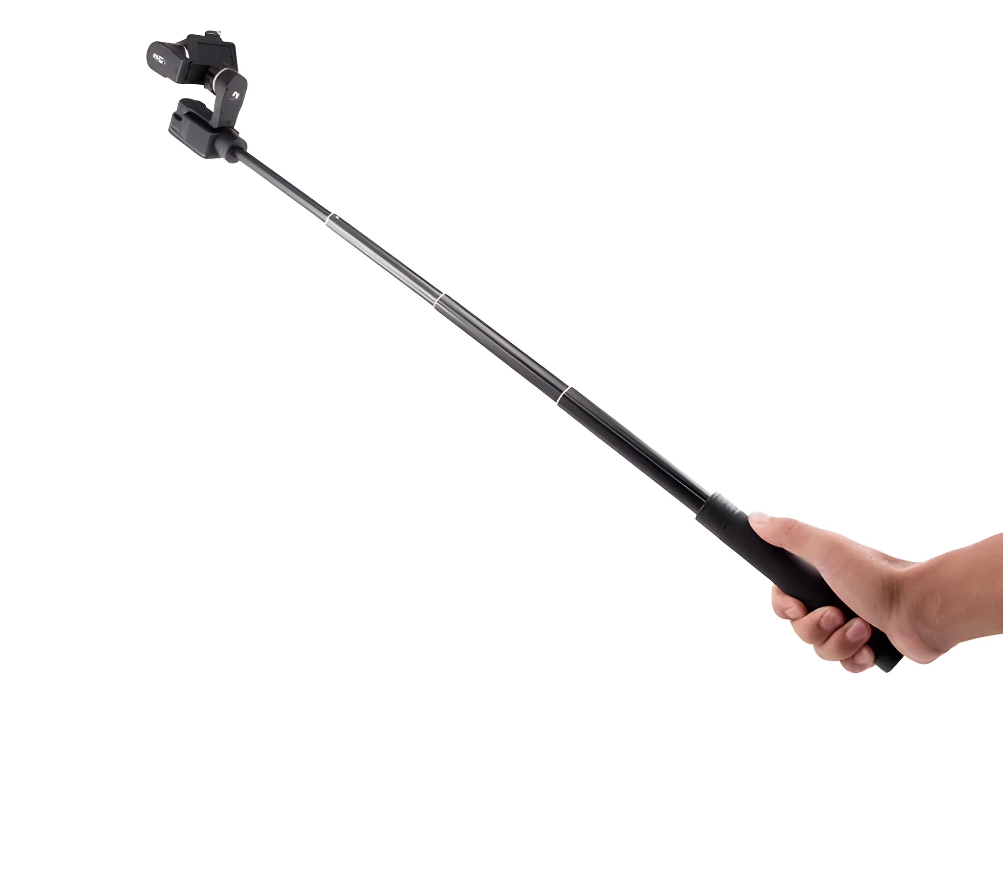 Retracted and extended views of a black aluminium selfie stick with phone holder and separate Bluetooth remote.