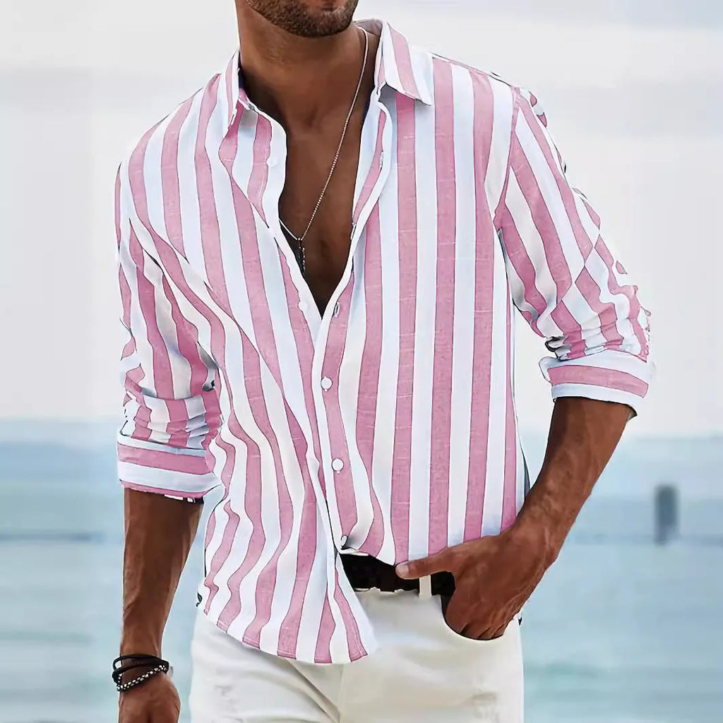 Men's striped casual shirt in loose fit cardigan style with long sleeves