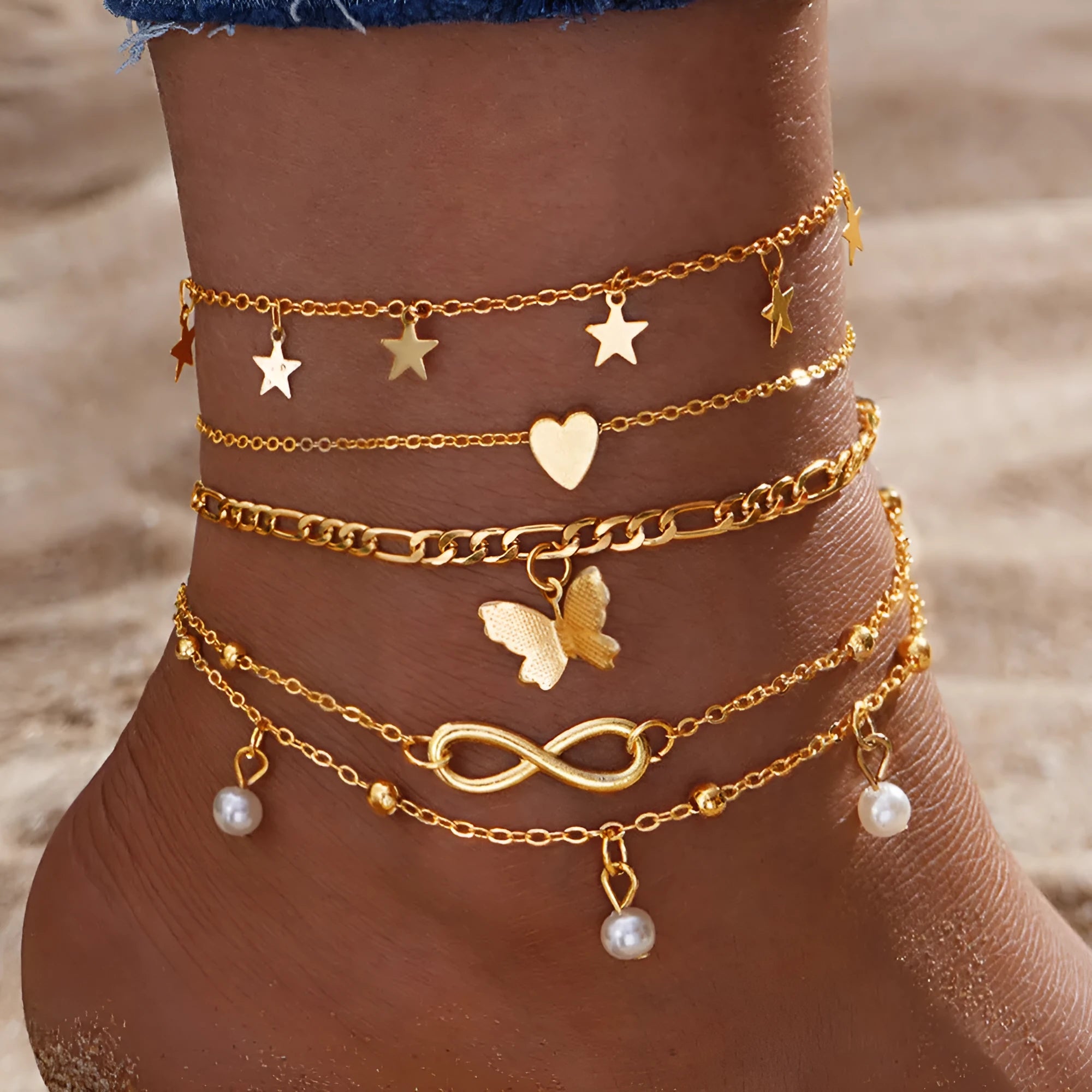 Butterfly Pearl Heart Anklet 4-piece set multi-layer women's alloy anklet Butterfly Love design