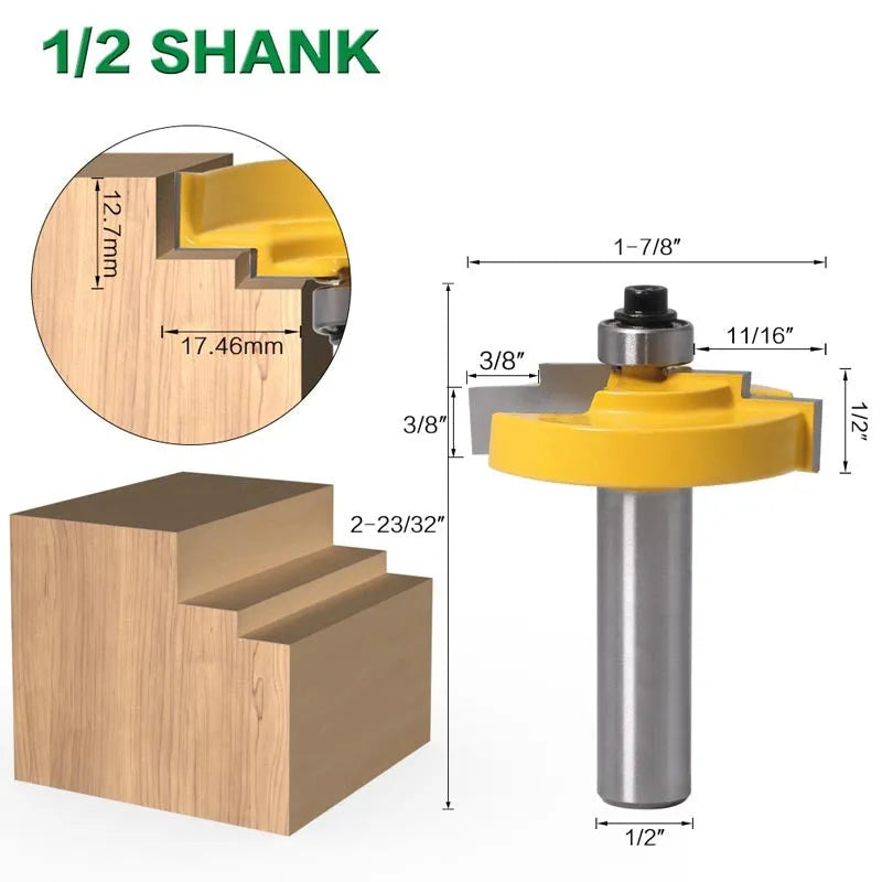 Carbide door and window step knife router bit with 47.62mm ball diameter, 8mm shank, and two flutes on a wooden workbench
