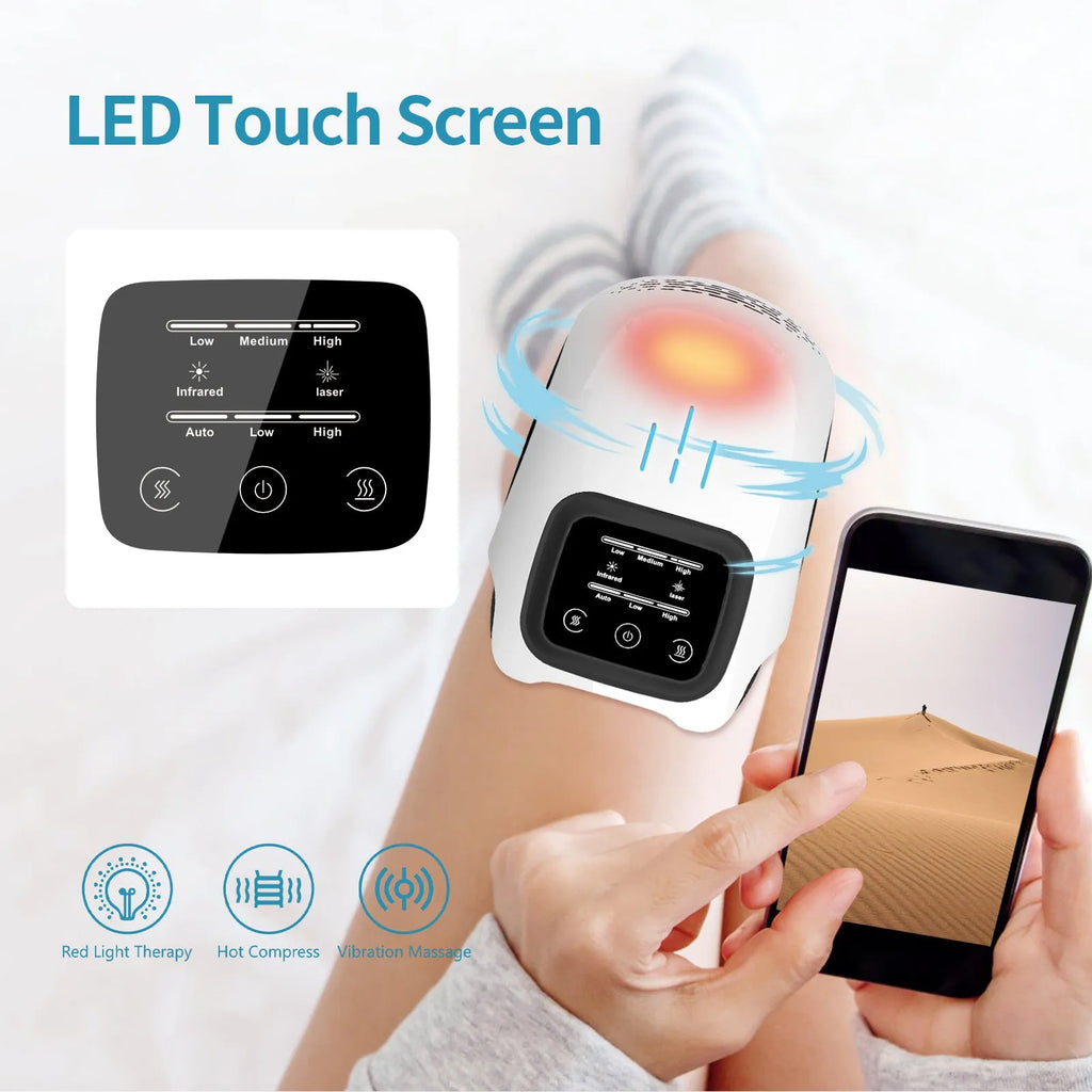 Electric knee massager with intelligent kneading and heating, white colour, USB rechargeable, placed on a sofa