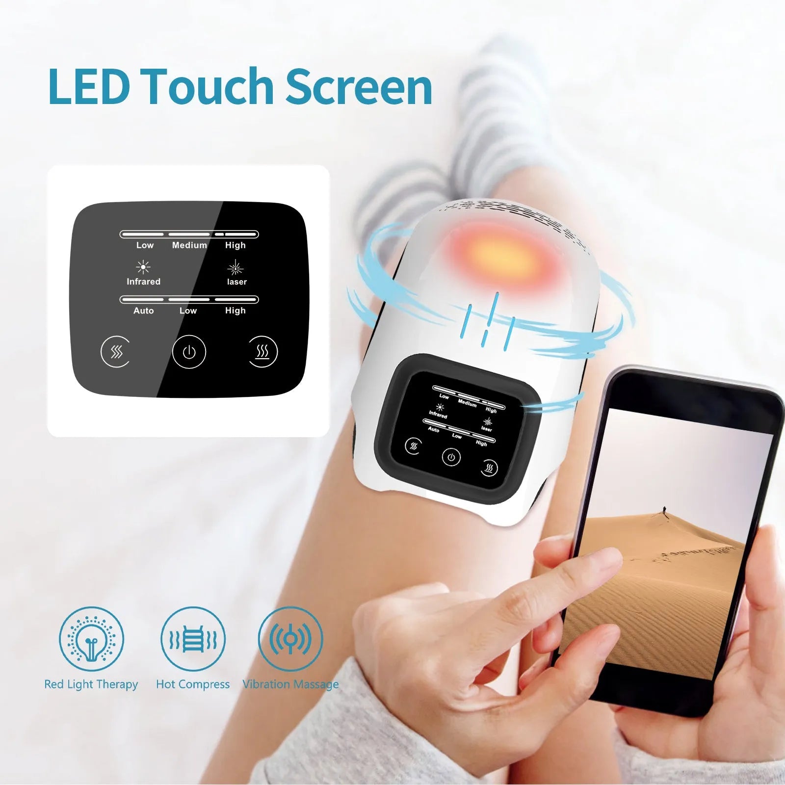 Electric knee massager with intelligent kneading and heating, white colour, USB rechargeable, placed on a sofa