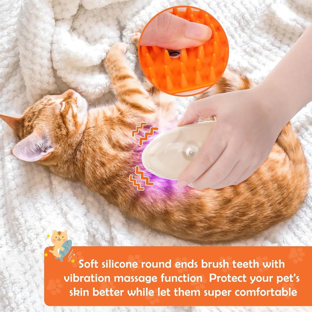 Yellow multifunctional cat steam brush with silicone teeth, water compartment, and ringworm detector lamp