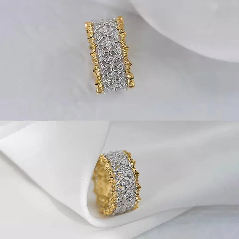 Geometric two-tone gold zircon ring with round elements on copper construction
