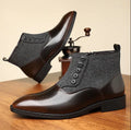 Men's brown and green retro formal shoes with side zip, square toe, and low square heel.