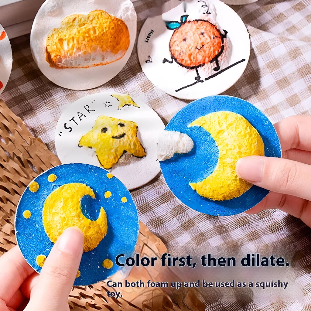 Cartoon wood pulp painting sponge set showing heart, round and square shaped sponges with fountain pens