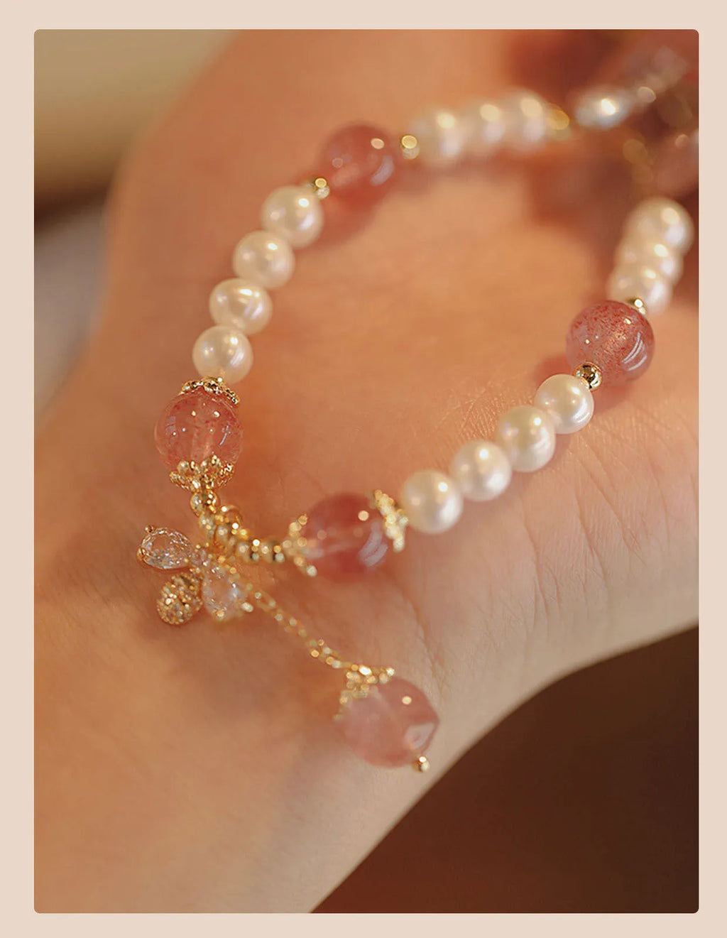 Crystal strawberry quartz stringed pearls bracelet handmade women's INS style with bow detail
