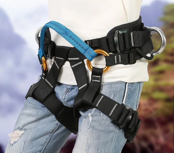 Black half body seat belt with adjustable waist and thigh straps, polyester construction, climbing holes for rescue training