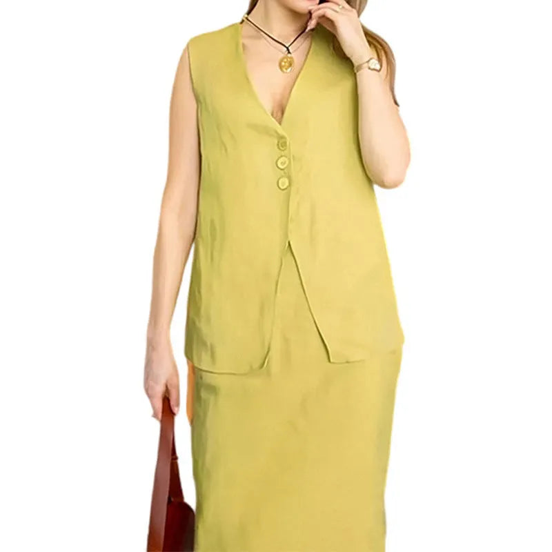 Casual white sleeveless vest and long skirt two-piece suit set on a hanger