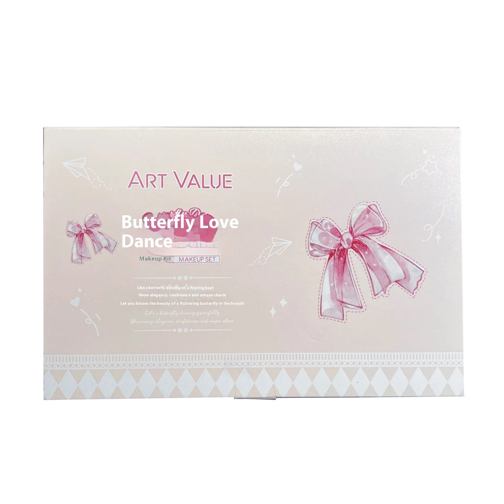 Butterfly Box makeup set showing four pink matte lip muds, powder blusher, and necklace