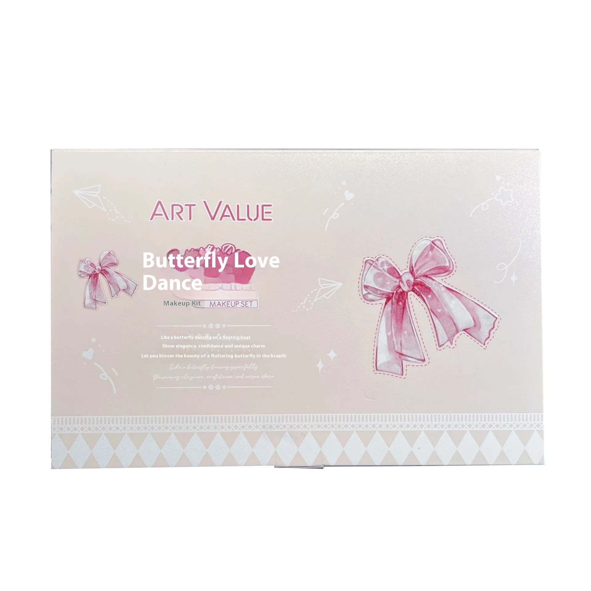 Butterfly Box makeup set showing four pink matte lip muds, powder blusher, and necklace