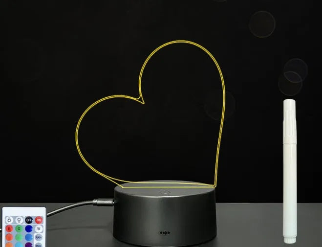 3D acrylic message board night light with handwritten note, showing colour-changing illumination and remote control.