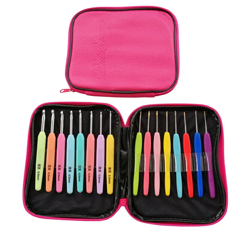 16-piece crochet hook set showing thick ABS handles and thin polyethylene handles with storage bag