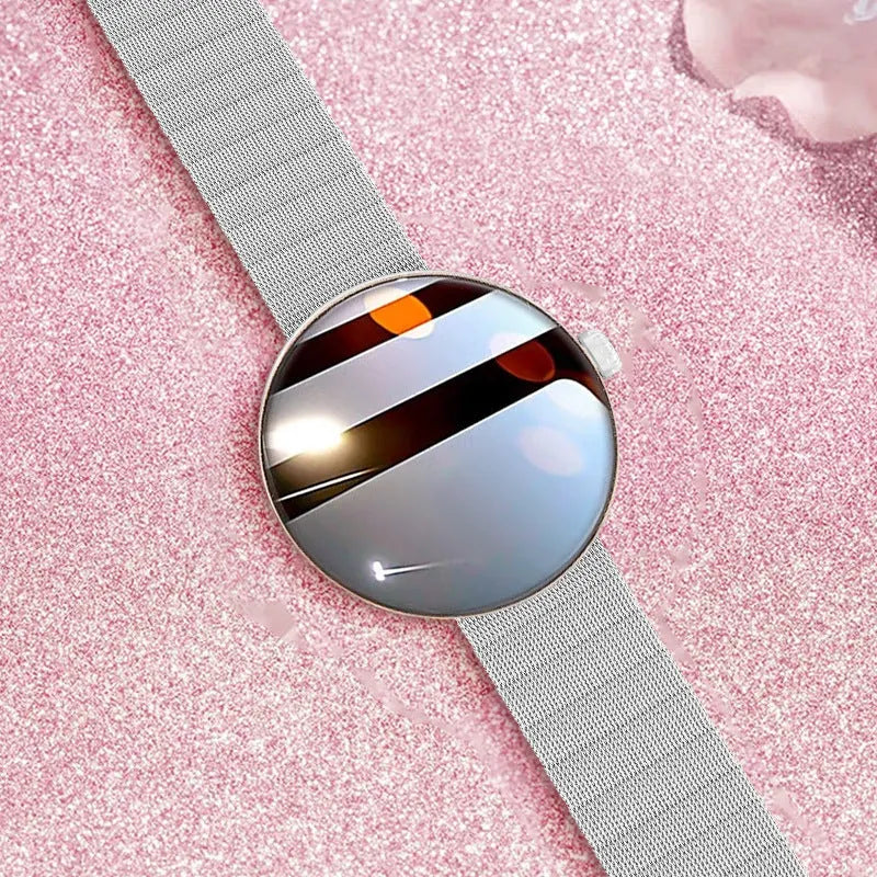 Women's smart watch with circular colour screen and metal strap on wrist
