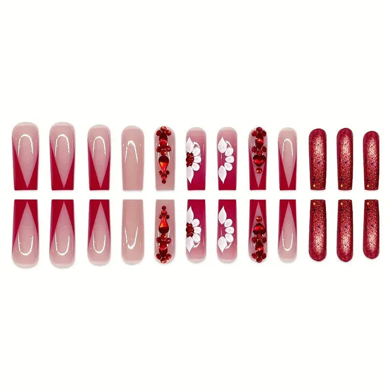 Sweet flower pattern press-on nails with red diamond decoration in European square shape