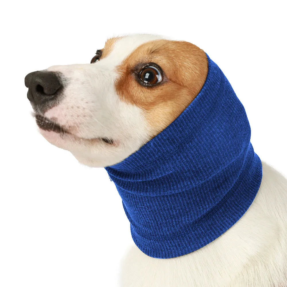 Blue and grey polyester headband scarf for dogs in small, medium, and large sizes.