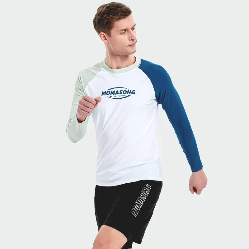 Men's white top long sleeve swimsuit with matching double layer beach swim trunks